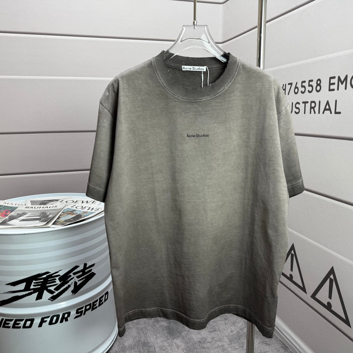 Acne Studios Minimal Centered Chest‑Text Distressed‑Trim Crew‑Neck Short‑Sleeve T‑Shirt