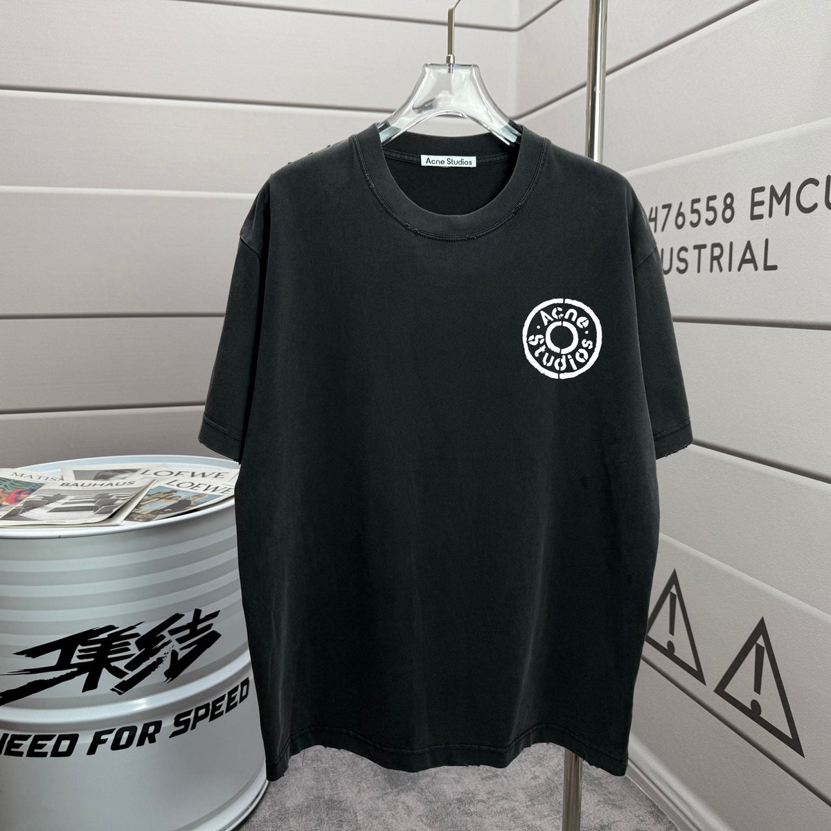 Acne Studios Small Circular Stamp‑Graphic Distressed‑Trim Crew‑Neck Short‑Sleeve T‑Shirt