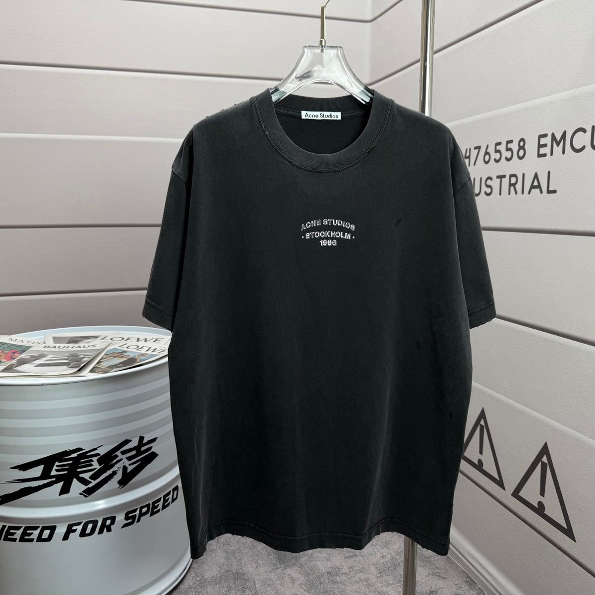 Acne Studios Small Stacked Stockholm‑1996‑Text Distressed‑Trim Crew‑Neck Short‑Sleeve T‑Shirt
