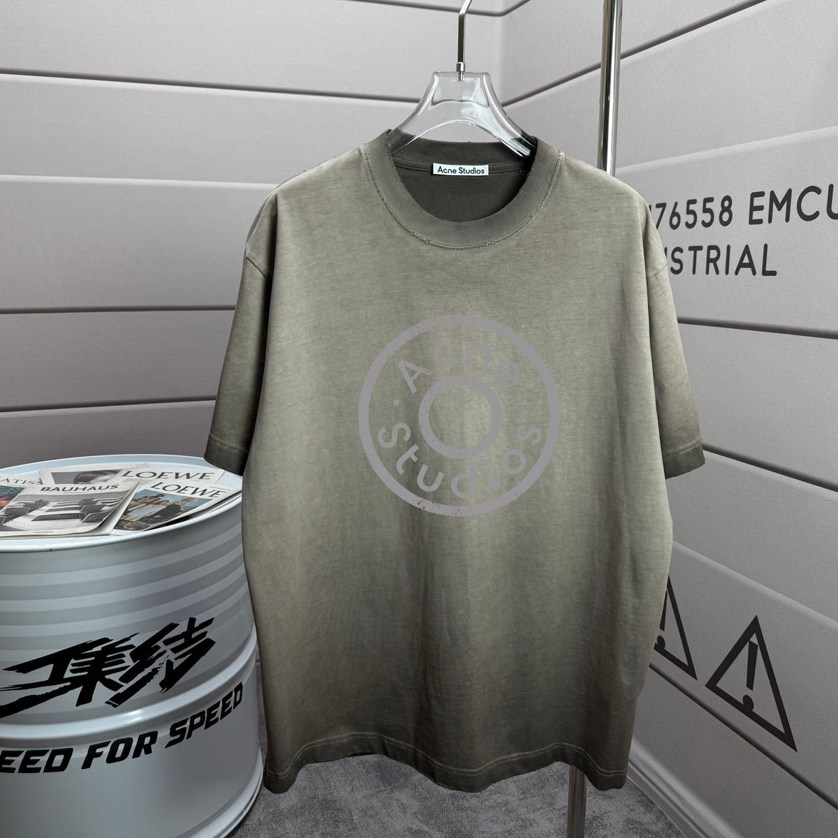Acne Studios Large Circular Stamp‑Print Distressed‑Trim Crew‑Neck Short‑Sleeve T‑Shirt