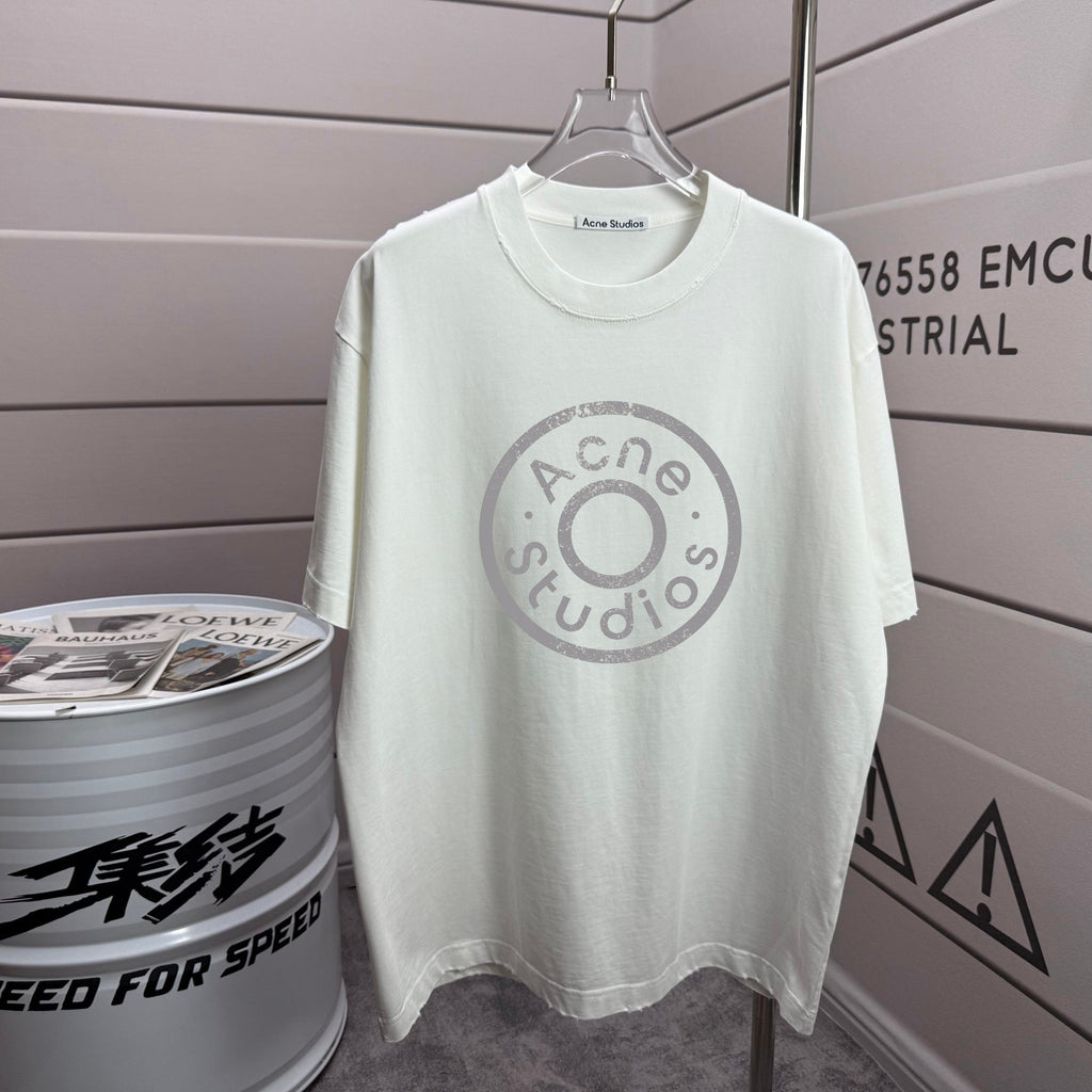 Acne Studios Large Circular Stamp‑Print Distressed‑Trim Crew‑Neck Short‑Sleeve T‑Shirt