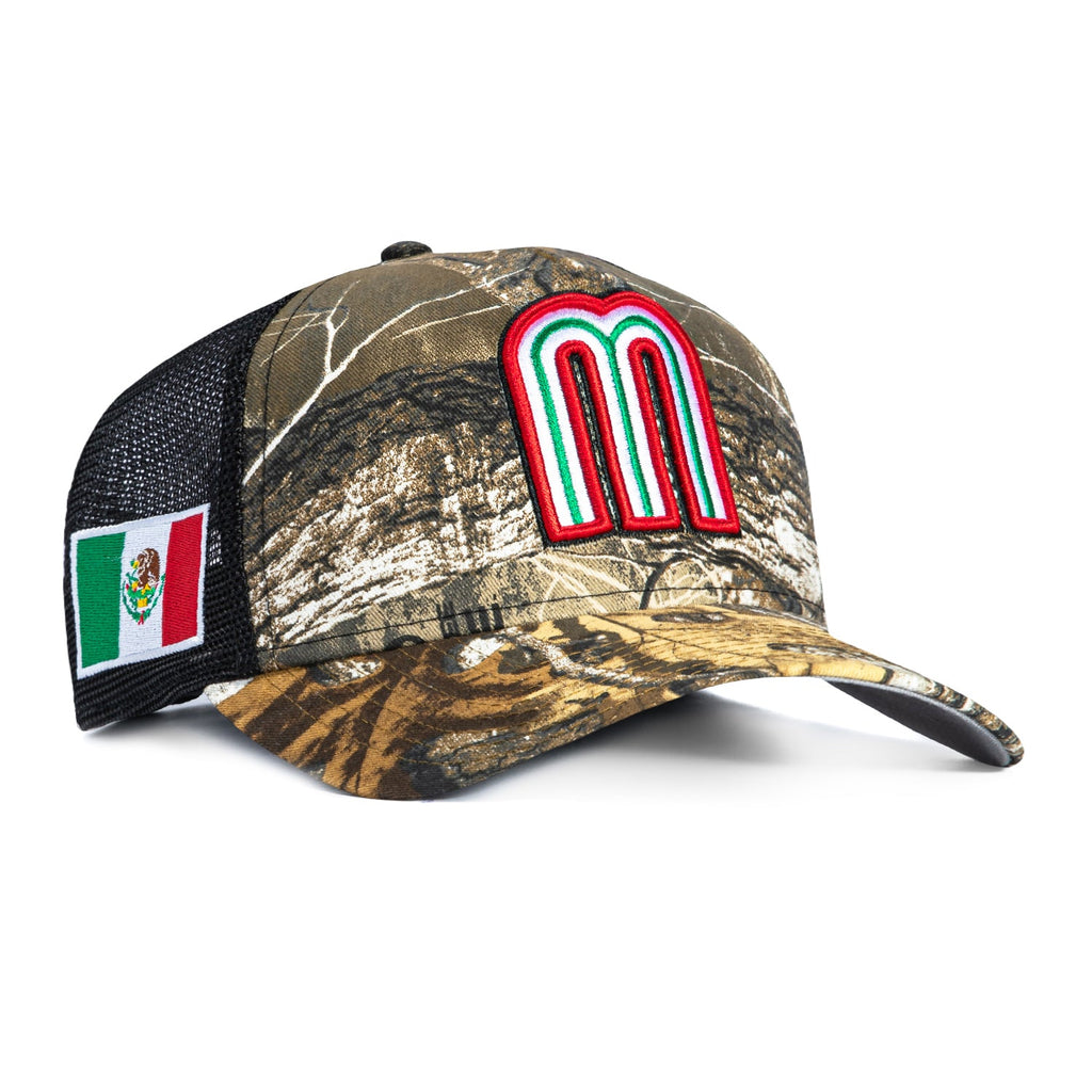 New Era 9Forty A-Frame Mexico World Baseball Classic Mexico Flag Patch Trucker Snapback Hat - Realtree, Black