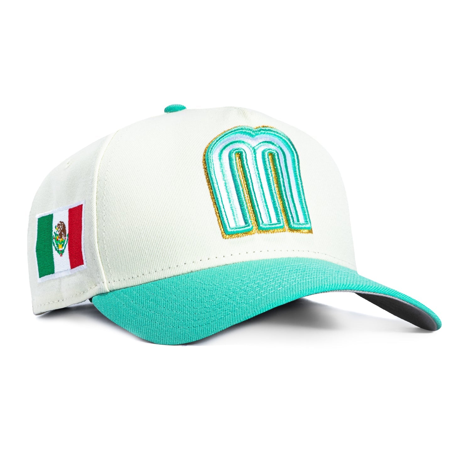 New Era 9Forty A-Frame Mexico World Baseball Classic Mexico Flag Patch Snapback Hat - White, Mint, Metallic Gold