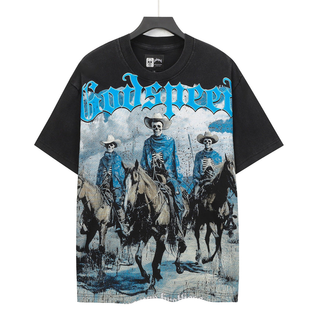 Godspeed Wild West Three Skeleton Cowboy Riders Short‑Sleeve Tee (Washed Black)