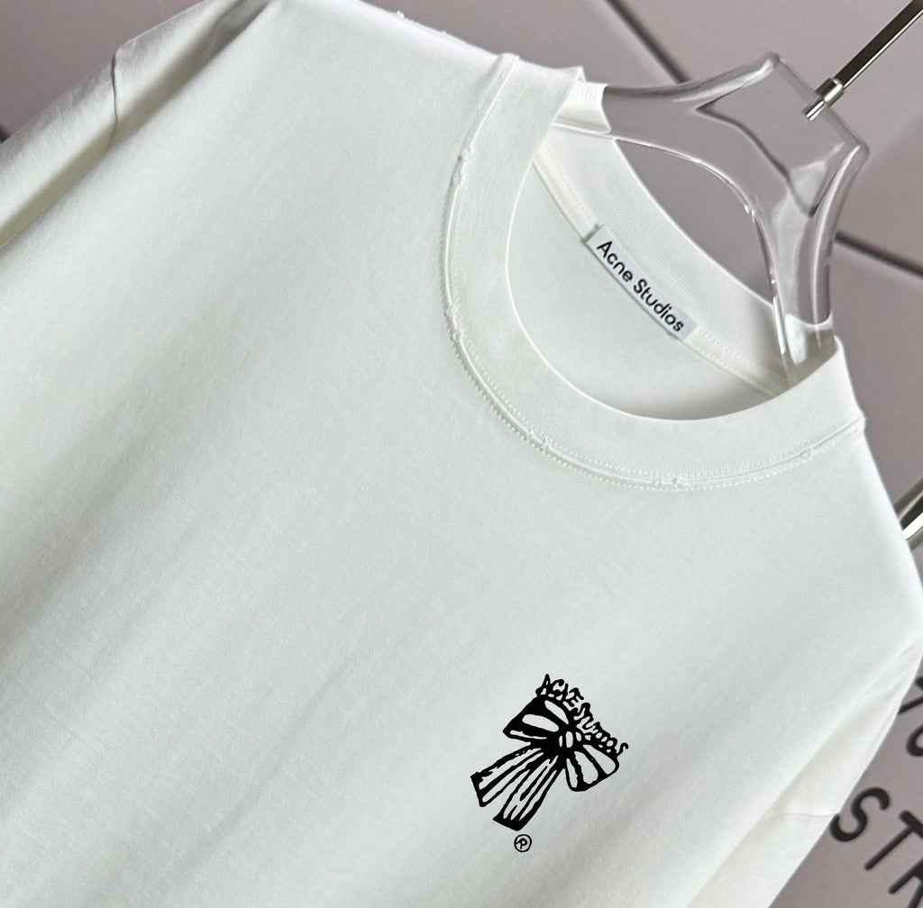 Acne Studios Small Bow‑Graphic Distressed‑Trim Crew‑Neck Short‑Sleeve T‑Shirt