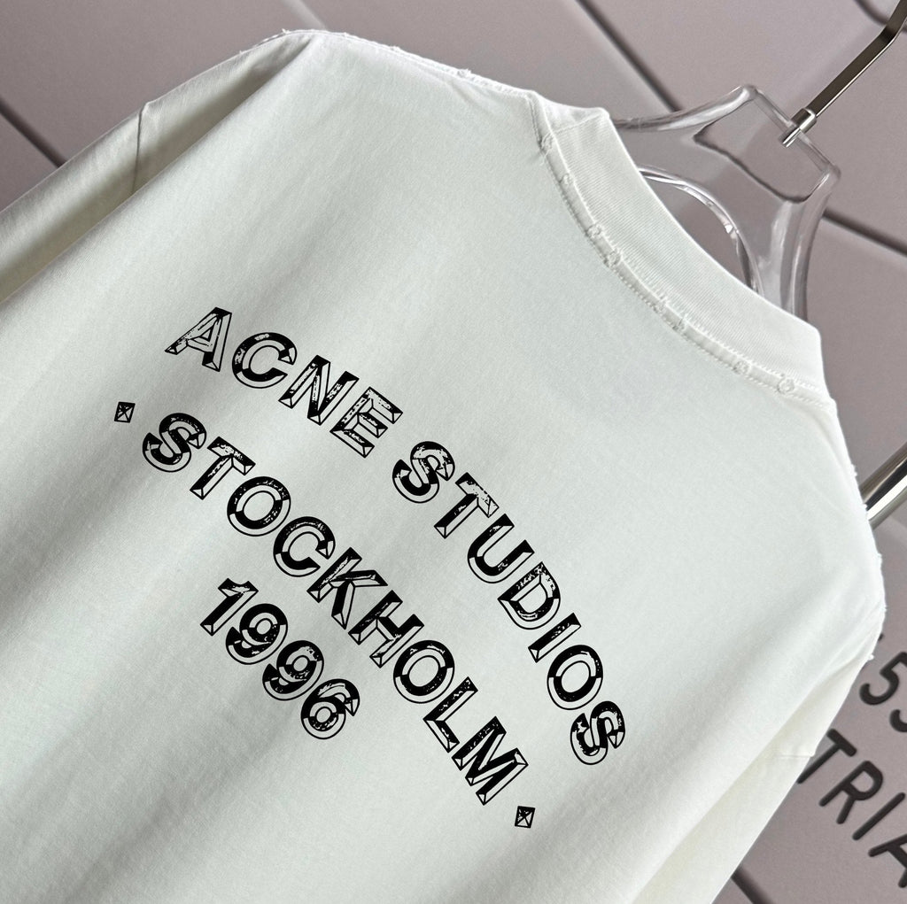 Acne Studios Small Stacked Stockholm‑1996‑Text Distressed‑Trim Crew‑Neck Short‑Sleeve T‑Shirt