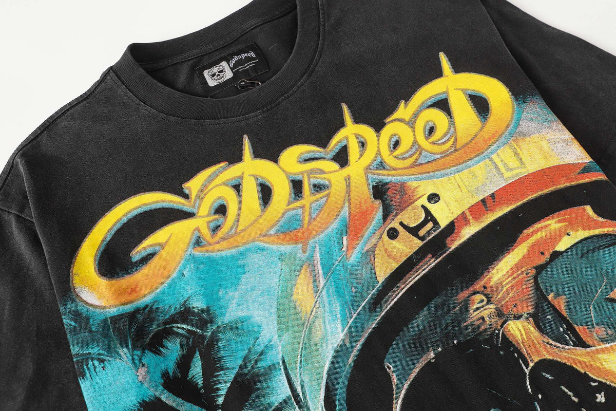Godspeed Skull F1 Race Car Racer Short Sleeve Tee (Washed Black)