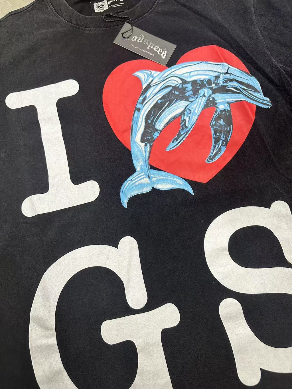 Godspeed I Love GS Dolphin Graphic T‑Shirt (Washed Black)