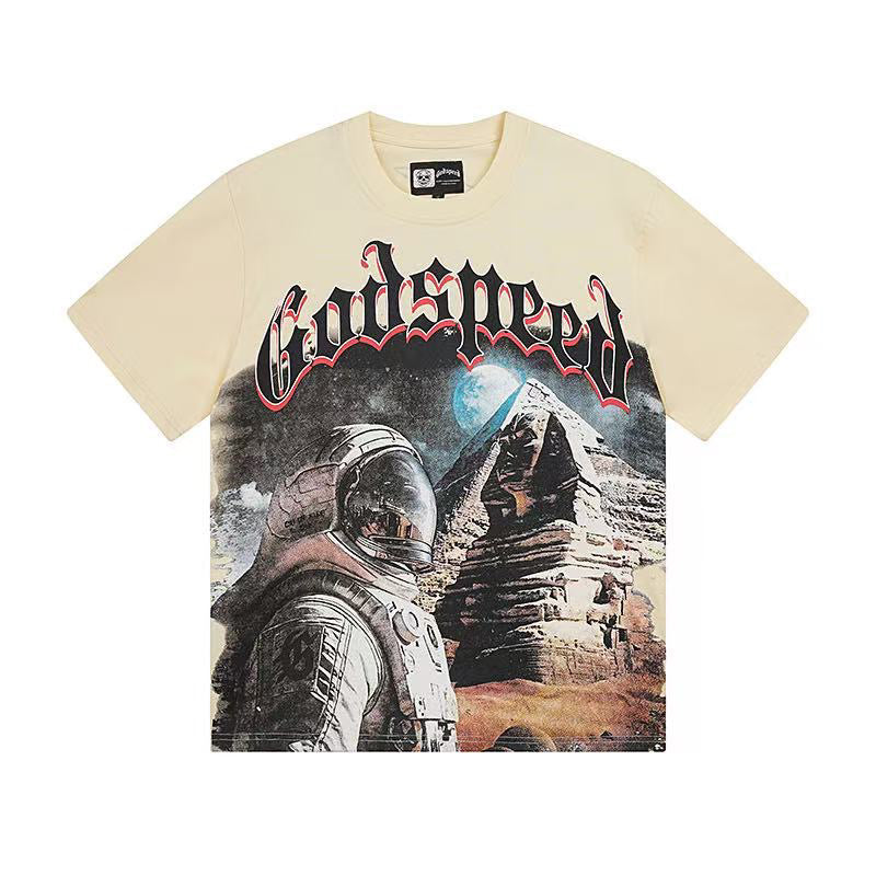 Godspeed Astronaut & Egyptian Pyramid Vintage Short‑Sleeve Tee (Cream Yellow)