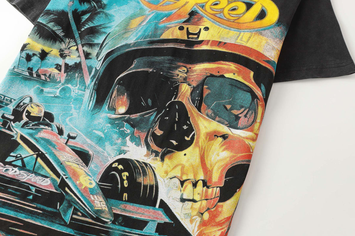 Godspeed Skull F1 Race Car Racer Short Sleeve Tee (Washed Black)