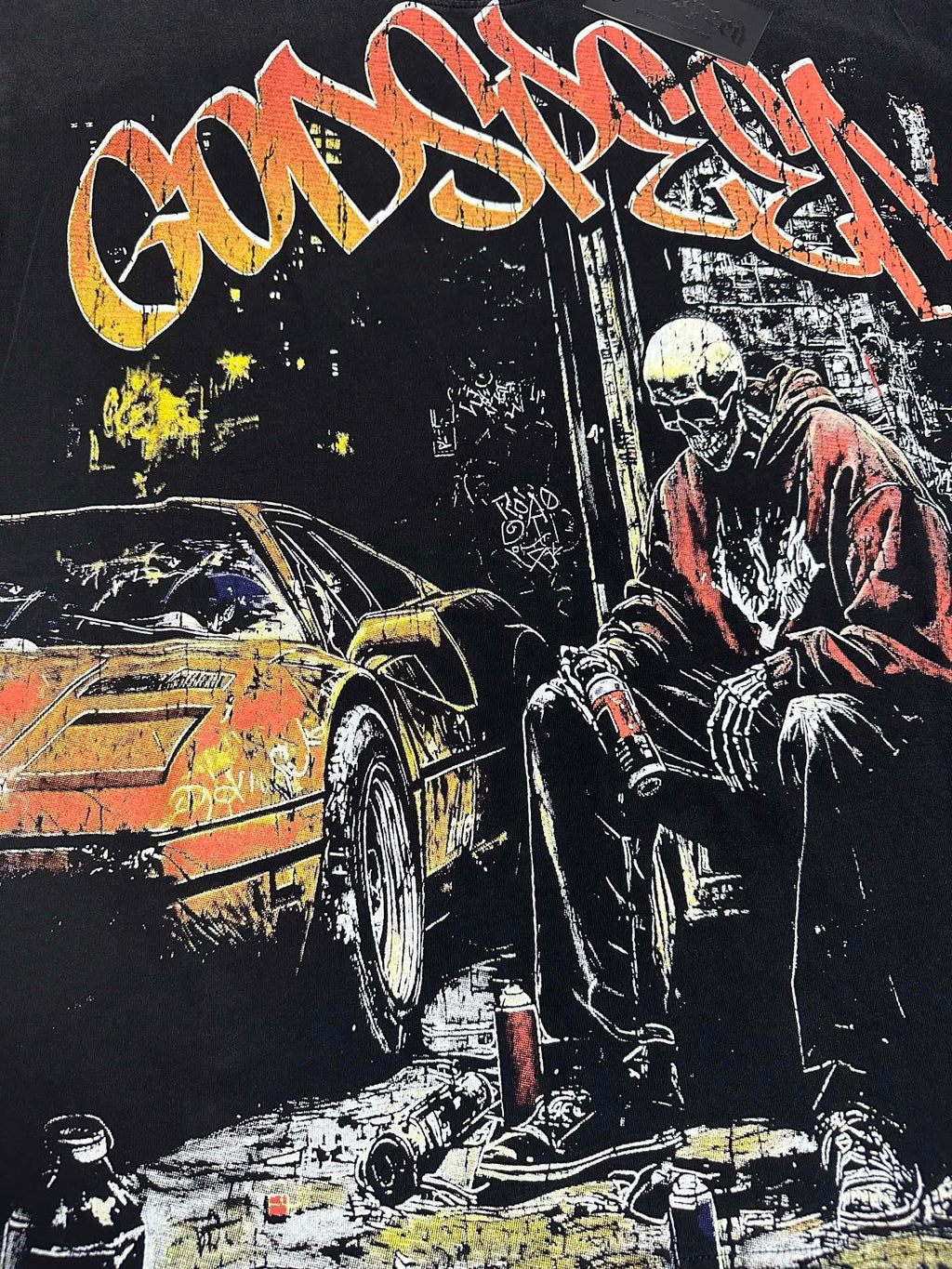 Godspeed Night City Skeleton Sports Car Vintage Short‑Sleeve Tee (Washed Black)