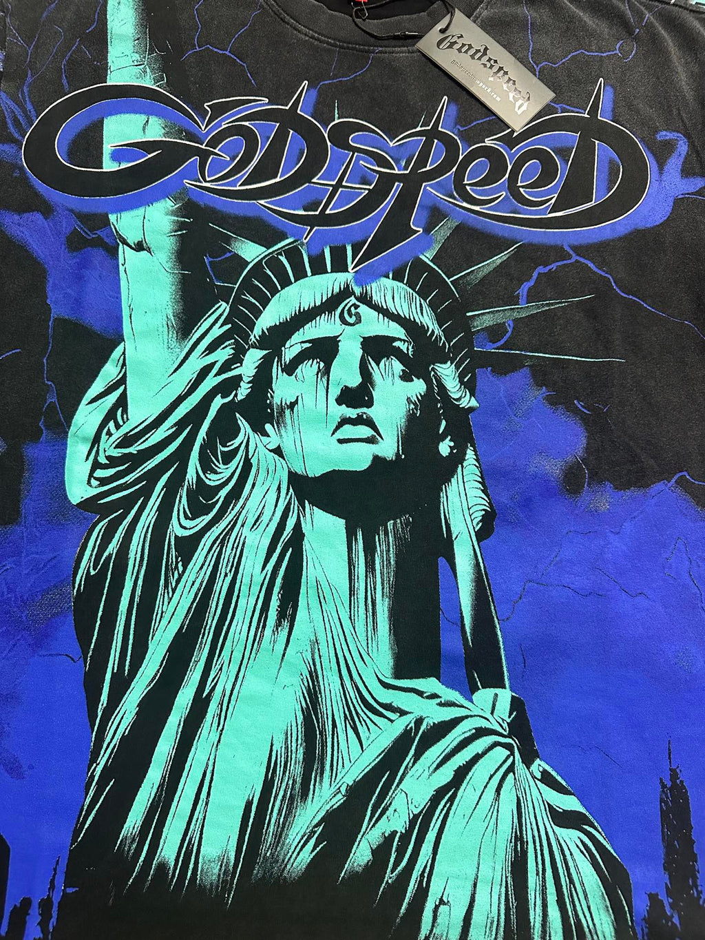 Godspeed Blue Lightning Statue Of Liberty Short Sleeve Tee (Vintage Black)